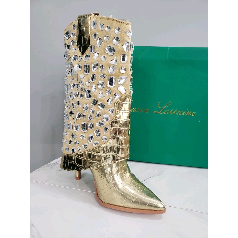 NEW LAUREN LORRAINE Hana Gold Rhinestone Stiletto Heel Cowboy Boots Cowgirl Glam